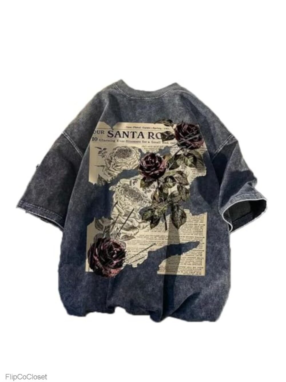 Unisex Y2K Rose Letter Print Oversized Graphic Tee Short Sleeve Gothic Grunge